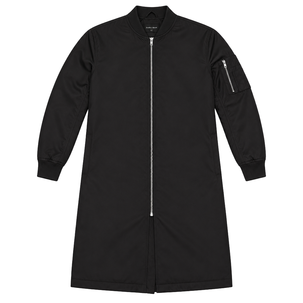 Zara Man Long Bomber Trench Jacket Black Size Medium 1