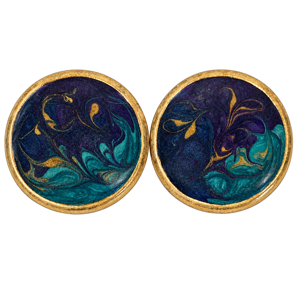 Vintage Hand Painted Enamel Earrings Blue Teal Gold Swirls 1