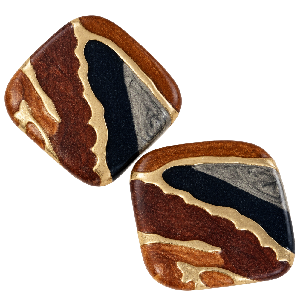 Vintage Swirl Enamel Statement Earrings Brown Black Gold Tone 1
