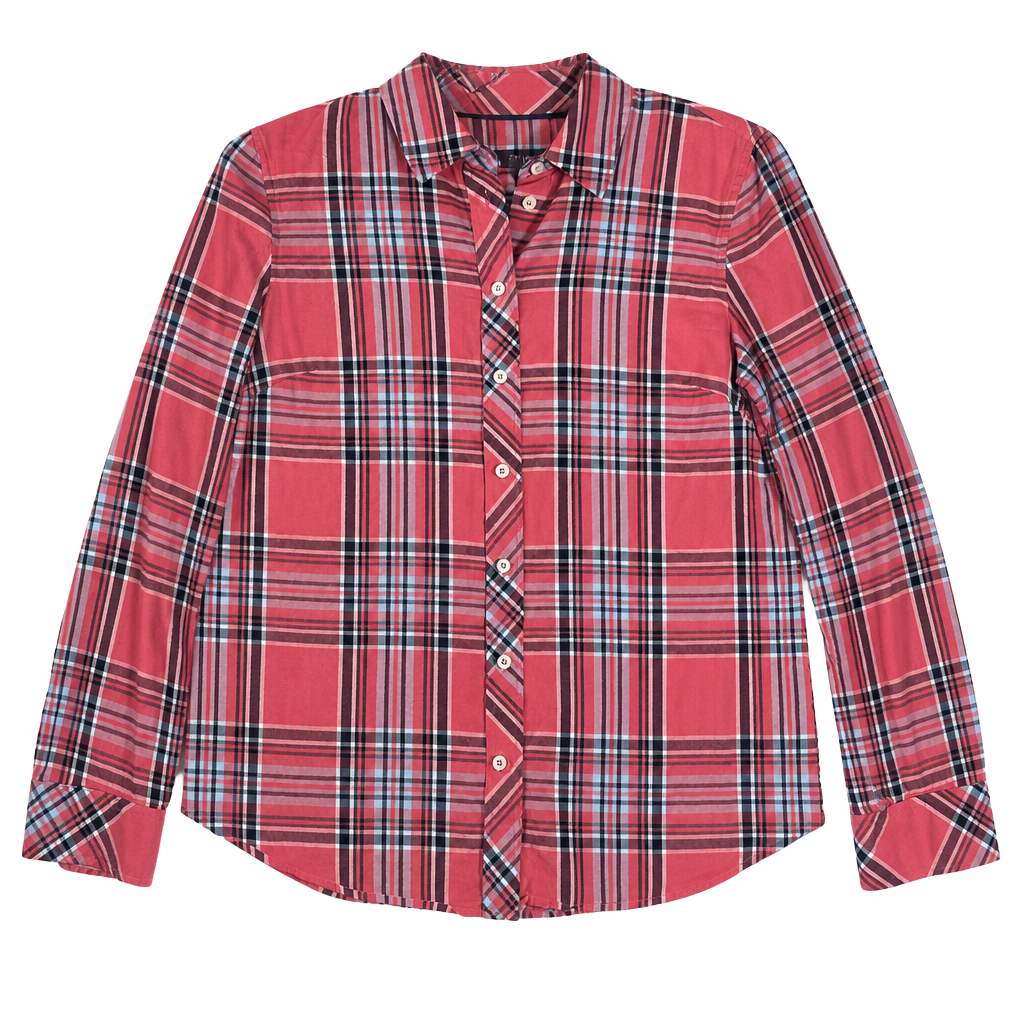 Talbots Petite Small SP Salmon Pink Plaid Classic Long Sleeve Button Front Cotton Shirt 1