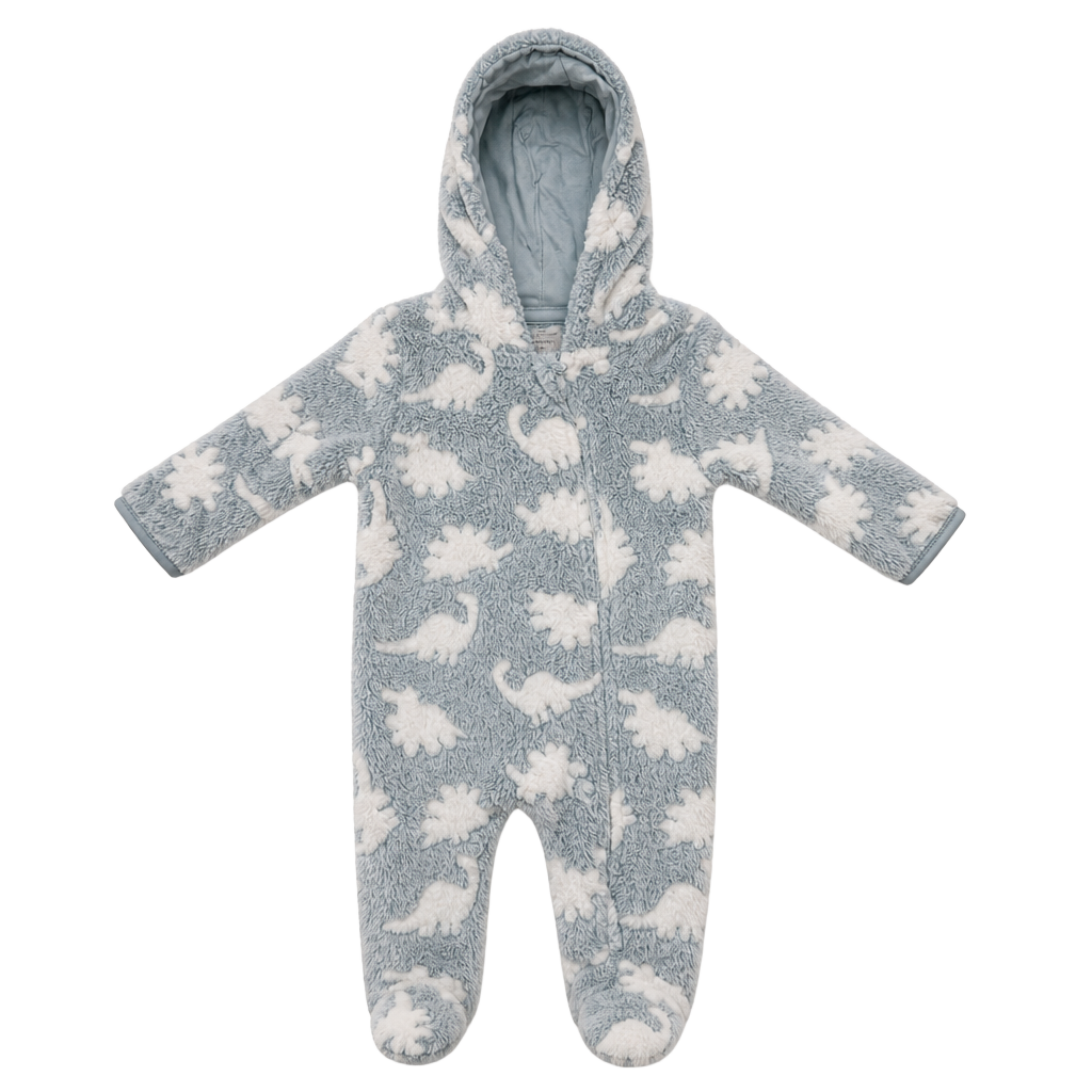 Little Beginnings Blue and White Dinosaur Fleece Hooded Footed Jumpsuit 1