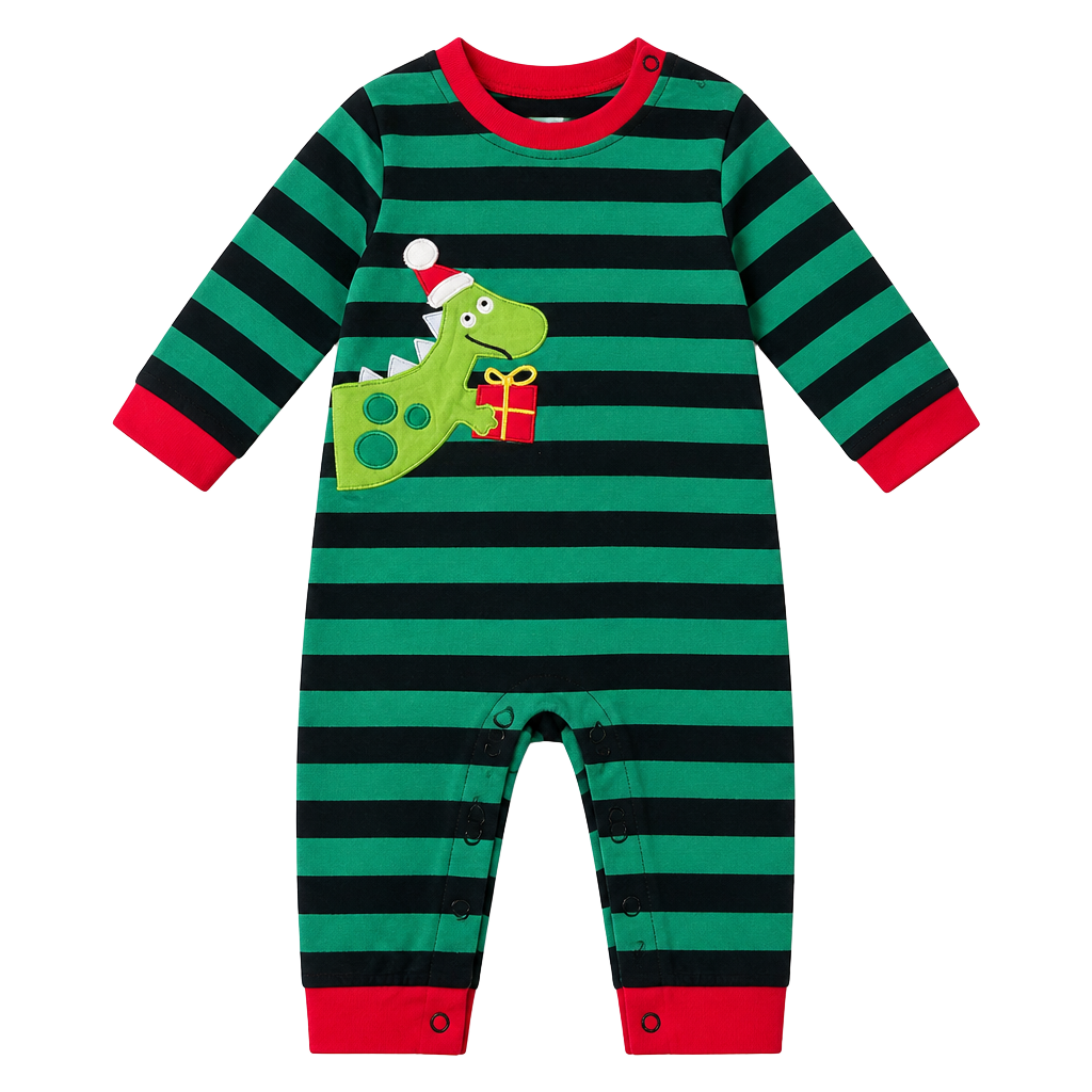 Honeydew Intimates Christmas Green and Black Striped Dinosaur Applique Romper 6-12M 1