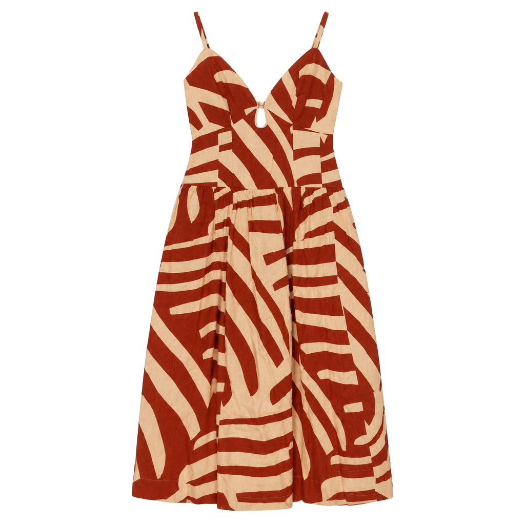 Mon Renn Surreal Midi Dress Size US XS Rust Sand Tropico Print Drop Waist 1