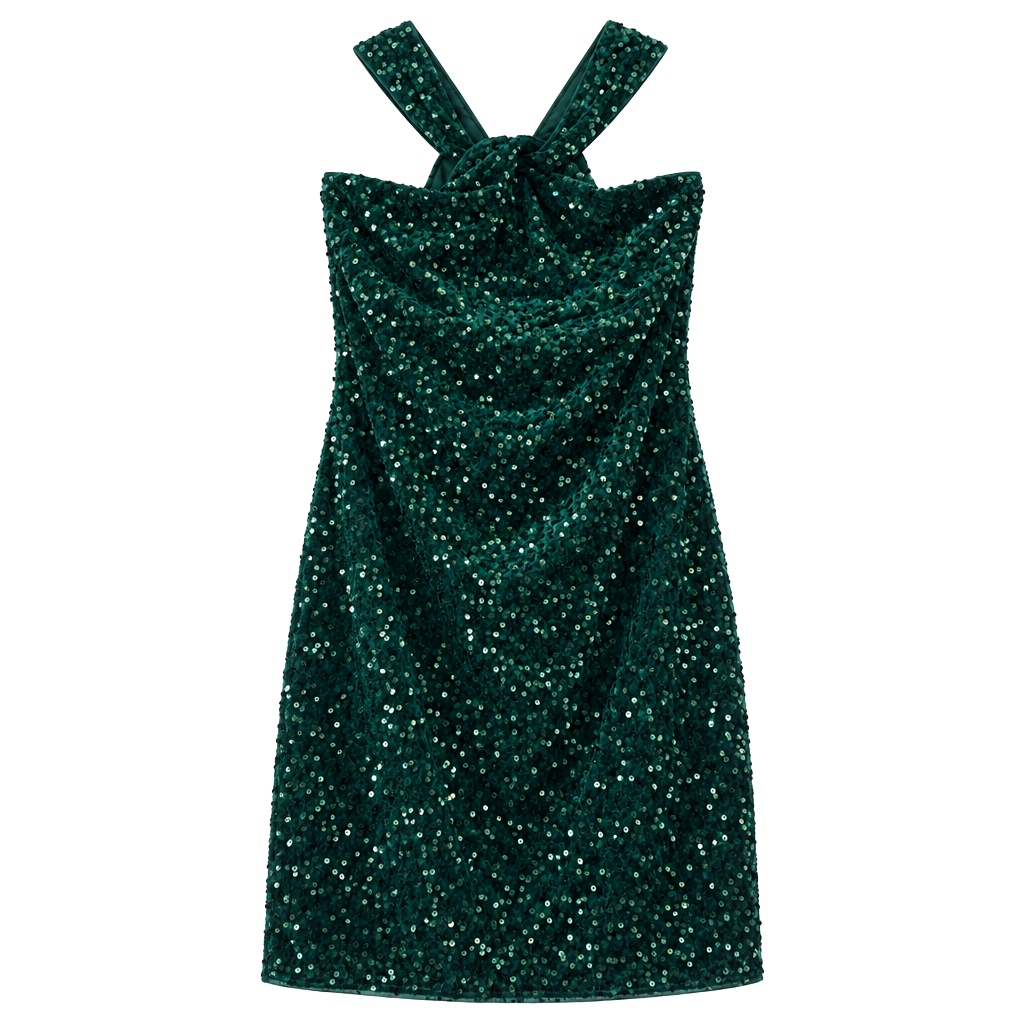 Grace Karin Halter Sequin Velvet Mini Dress Size L Green 1