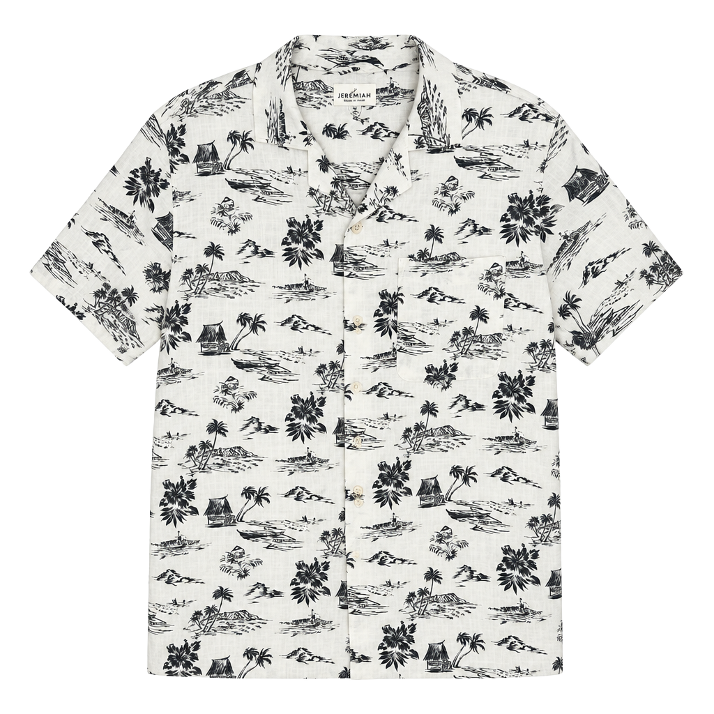 Jeremiah Caddo Camp Shirt Size M White Black Tropical Print Short Sleeve 1