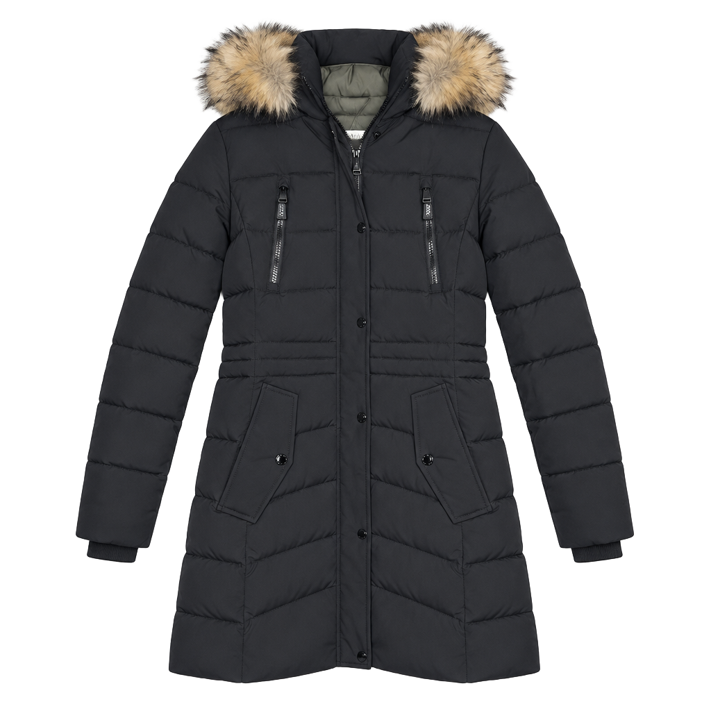 Laundry by Shelli Segal Puffer Jacket Black Faux Fur Hood 1