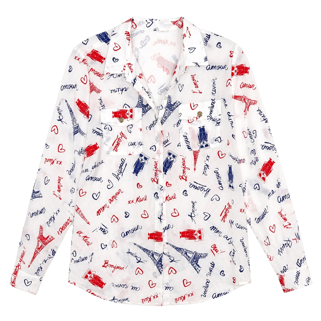 Karl Lagerfeld Paris White Eiffel Tower and Heart Print Long Sleeve Button-Down Blouse 1