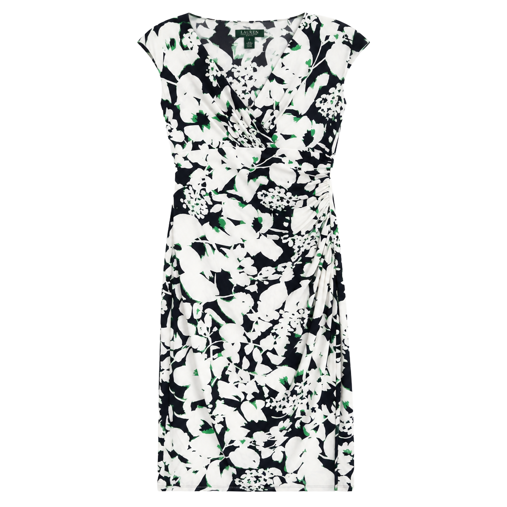 Lauren Ralph Lauren Floral Dress Size 2 Black White Green V-Neck Ruched 1