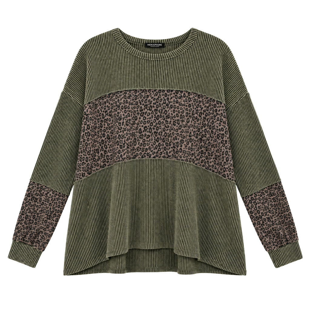 Heimish USA Waffle Knit Top Size 1X Olive Green Leopard Block Long Sleeve 1