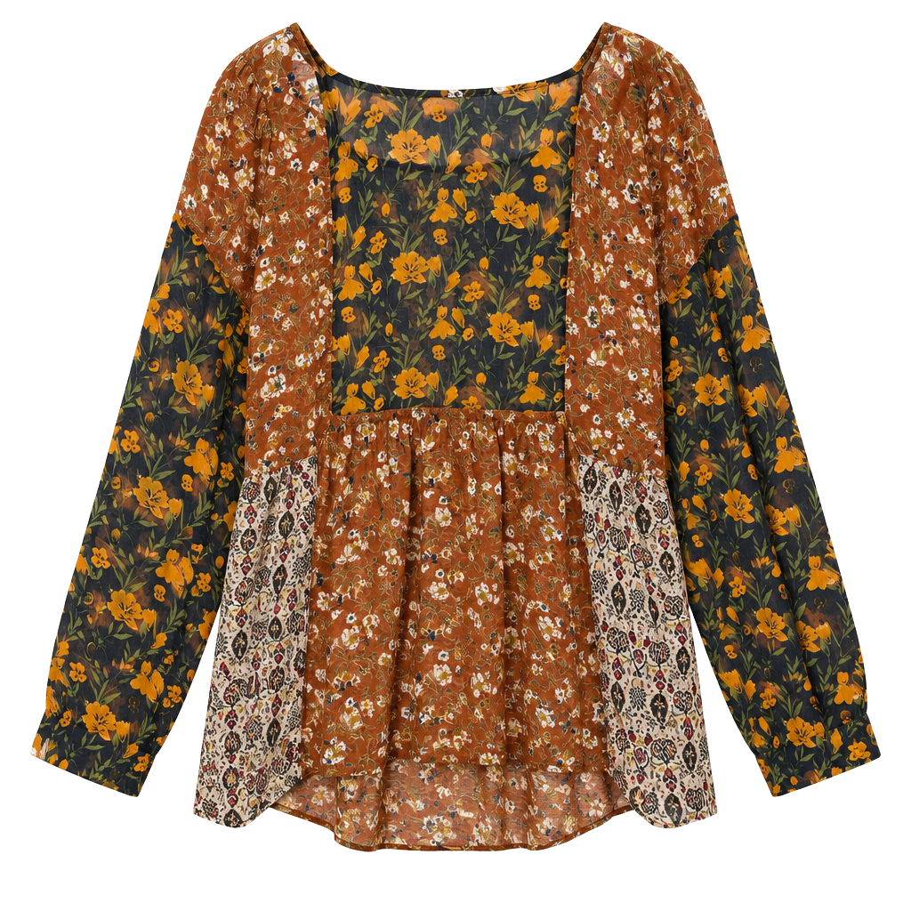 ODDI Floral Patchwork Tunic Top Size 3XL Orange Black Long Sleeve Blouse 1