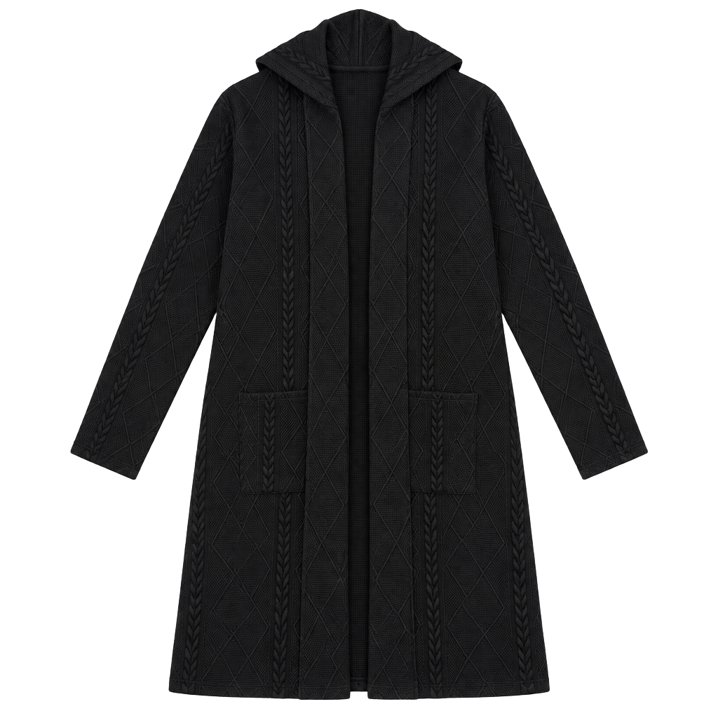 Cable Knit Pocket Hooded Long Cardigan Black 1