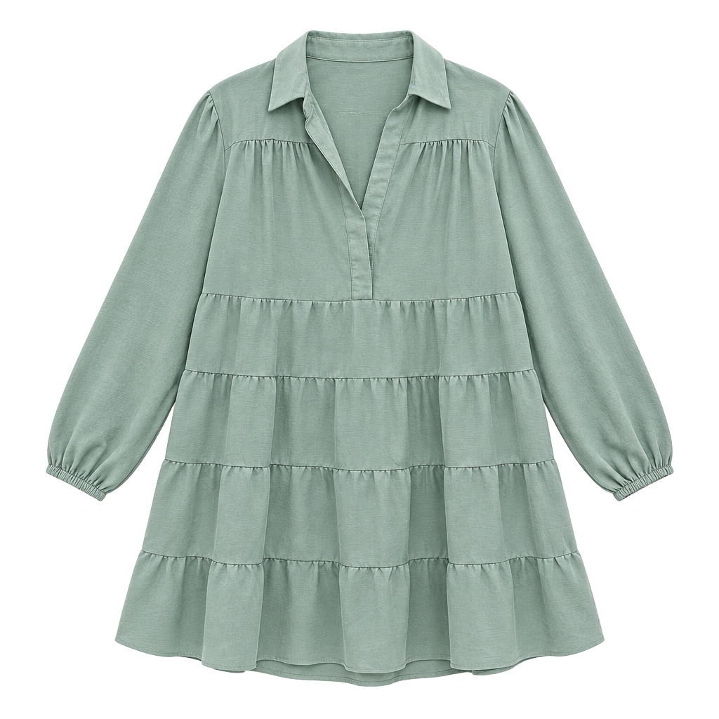 ChicSoul Tiered Mini Dress Size 2X Sage Green V-Neck Long Sleeve 1