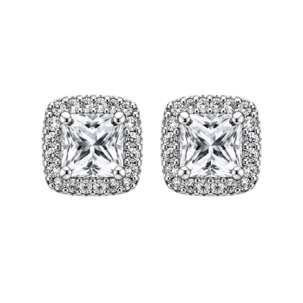 Cubic Zirconia Square Halo Stud Earrings Silver Tone 1