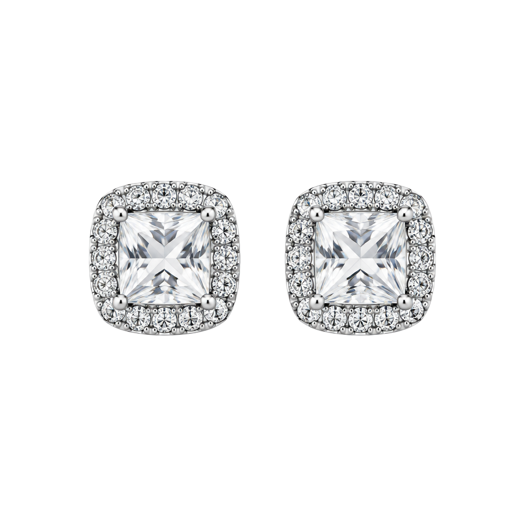 Cushion-Cut CZ Halo Stud Earrings Silver Tone 1