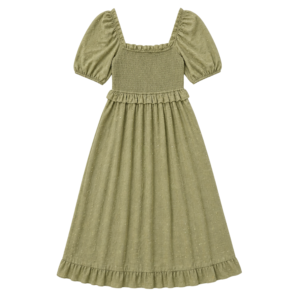 And Now This Green Swiss Dot Smocked Puff Sleeve Midi Dress 1
