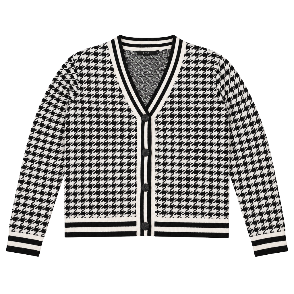 Cyrus Houndstooth Cardigan Sweater Size XL Black White Knit V-Neck 1
