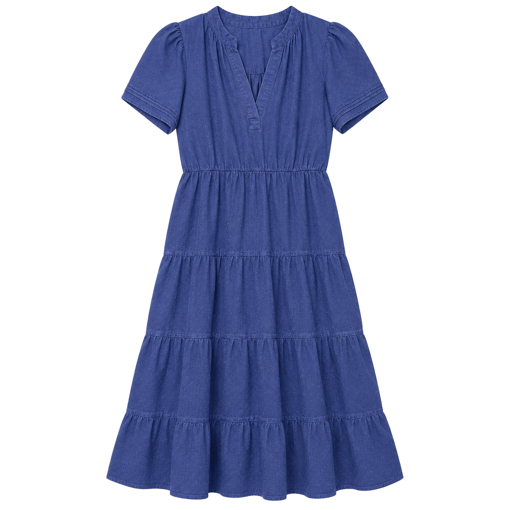 Cynthia Rowley Tiered Midi Dress Size S Blue Linen Short Sleeve 1