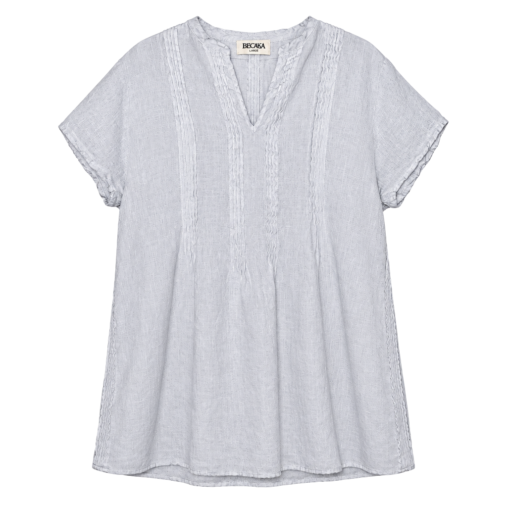 Becasa 100% Linen Tunic Dress Size Large Light Blue Pleated V-Neck 1