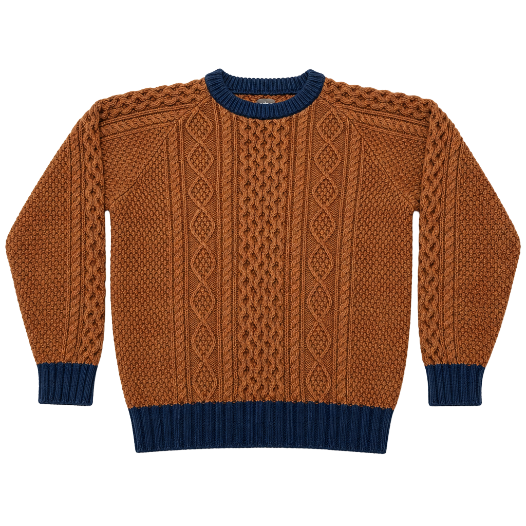 L.L. Bean Signature Mens Large Rust Brown Cable Knit Colorblock Aran Sweater 1
