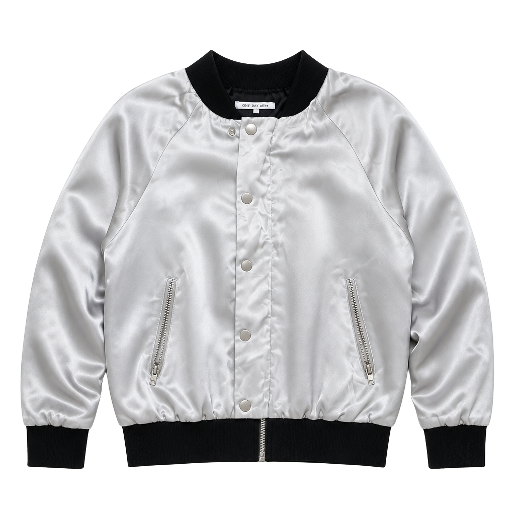 One Day Petite Women's Silver Satin Bomber Jacket with Black Ribbed Trim 1