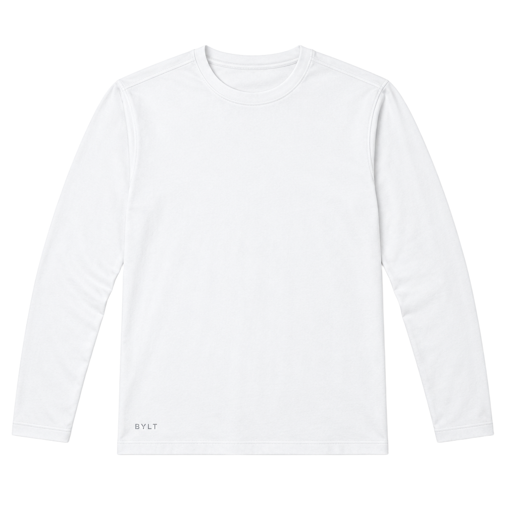BYLT Premium Basics Men’s L White Long Sleeve Crewneck Split Hem Athletic Casual 1