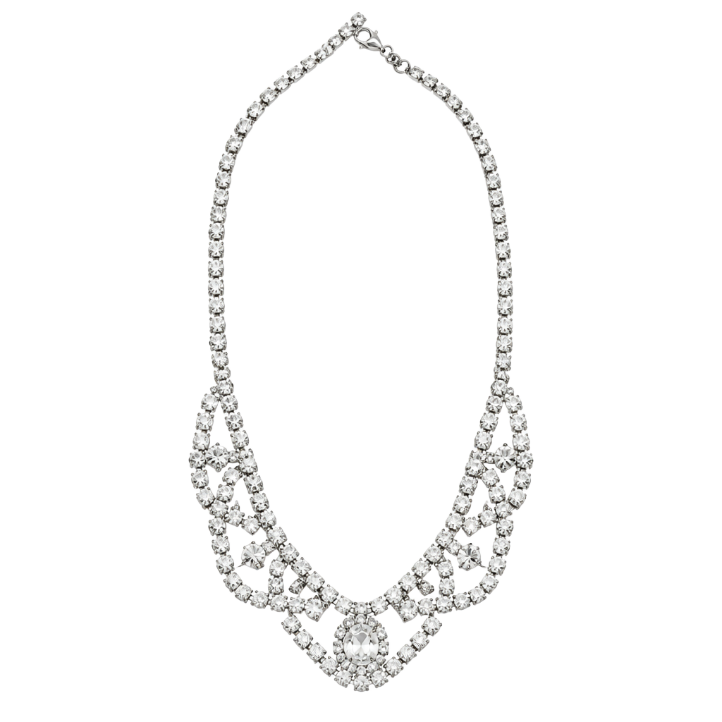 Vintage Rhinestone Collar Necklace Silver Tone Bib Choker 1