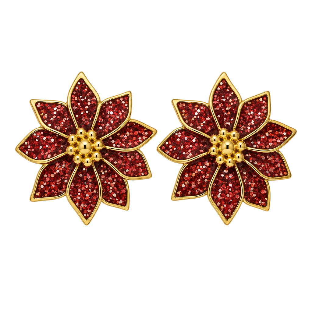 Avon Poinsettia Earrings Red Glitter Enamel Gold Tone 1