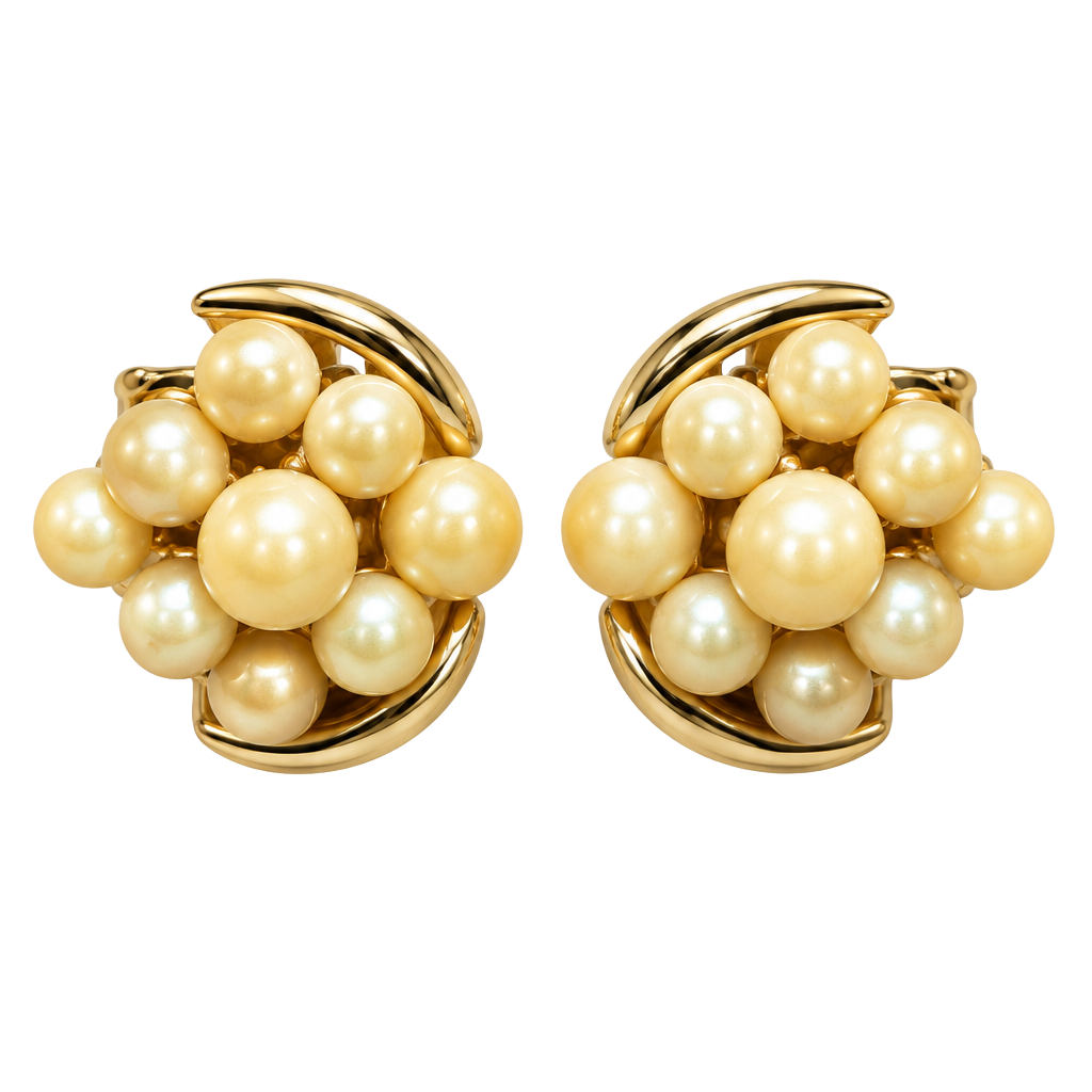 Vintage Faux Pearl Grape Cluster Gold Tone Clip Earrings 1
