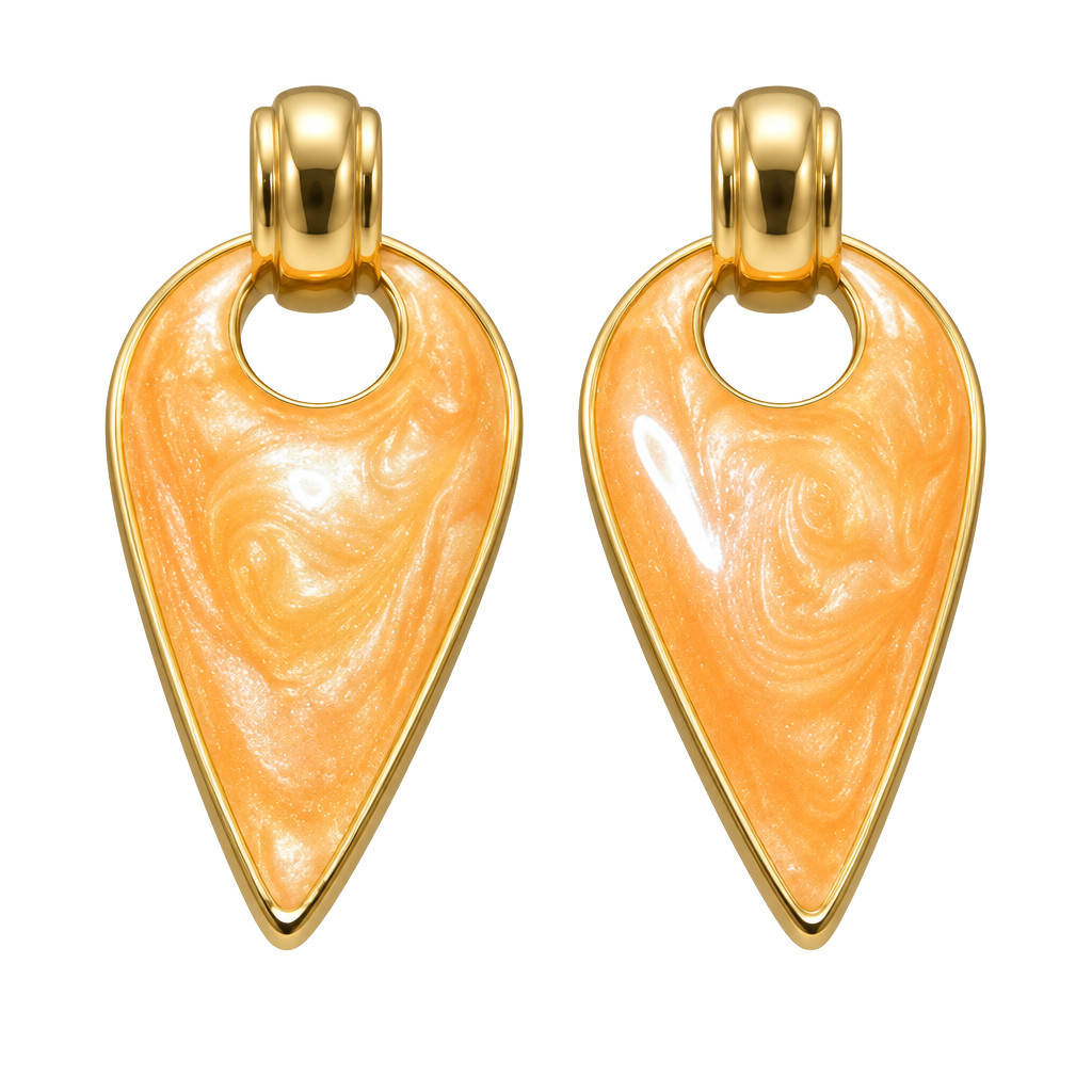 Vintage Gold Tone Peach Swirl Enamel Teardrop Earrings 1