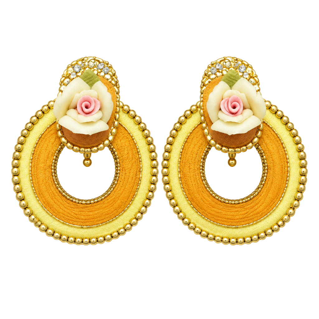 Vintage Gold Tone Clip Earrings With Porcelain Rose Accent 1