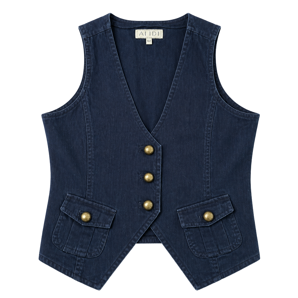 Alibi Navy Blue Denim Vest with Antique Gold Buttons and Cargo Pockets 1
