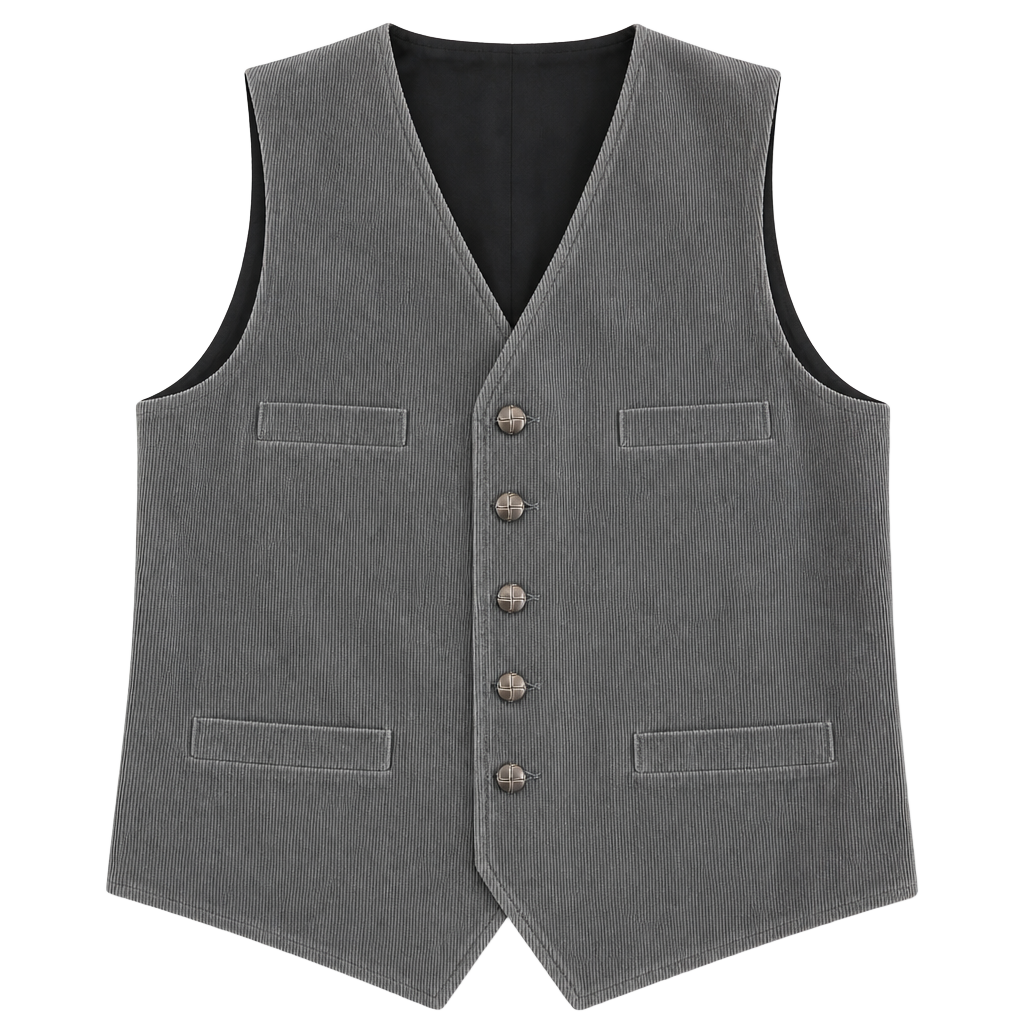 Vintage Corduroy Button Front Vest with Woven Leather Knots Buttons 1