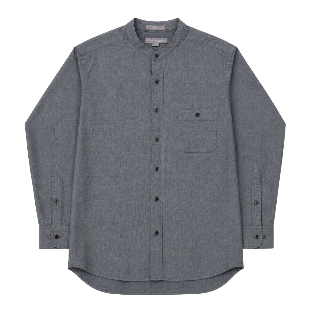 Van Heusen Men's Grey Mandarin Collar Long Sleeve Button Down Shirt 1
