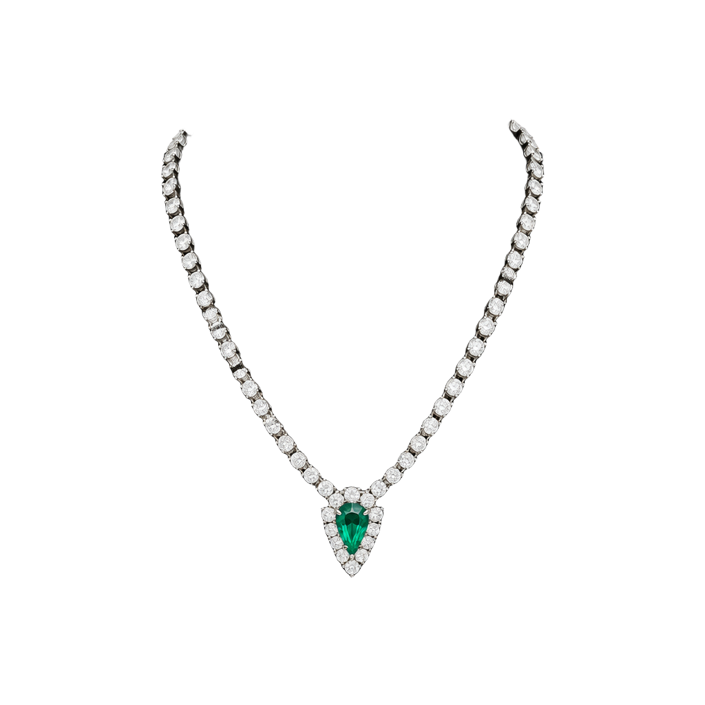 Vintage Emerald Rhinestone Necklace with Teardrop Pendant and Chain Link Clasp 1