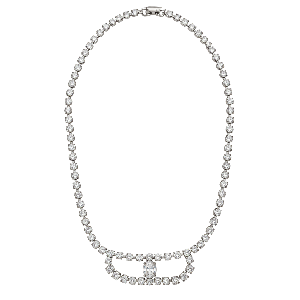 Vintage Rhinestone Tennis Necklace Silver Tone 1