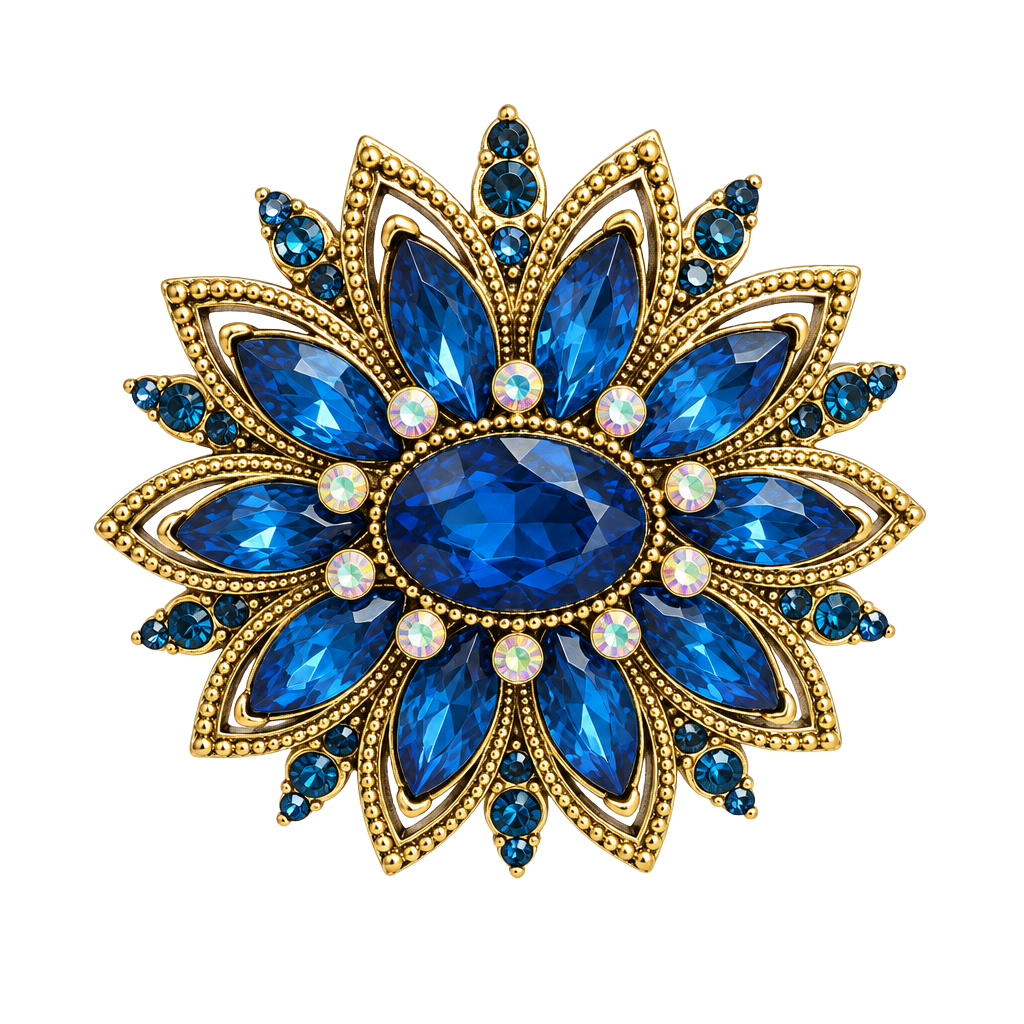 Vintage Style Blue Rhinestone Flower Brooch Gold Tone Pin 1