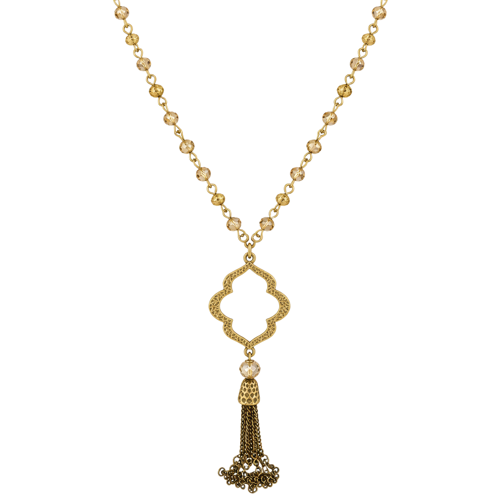 Vintage Boho Tassel Pendant Necklace Long Beaded Gold Tone 1