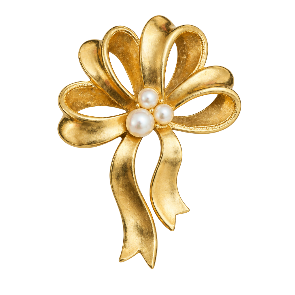 Avon Gold Tone Bow Brooch Pin with Faux Pearls Vintage Ribbon Jewelry 1