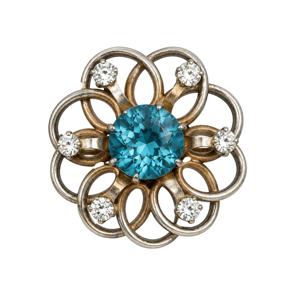 Vintage Flower Brooch Blue Rhinestone Silvery Gold Tone 1