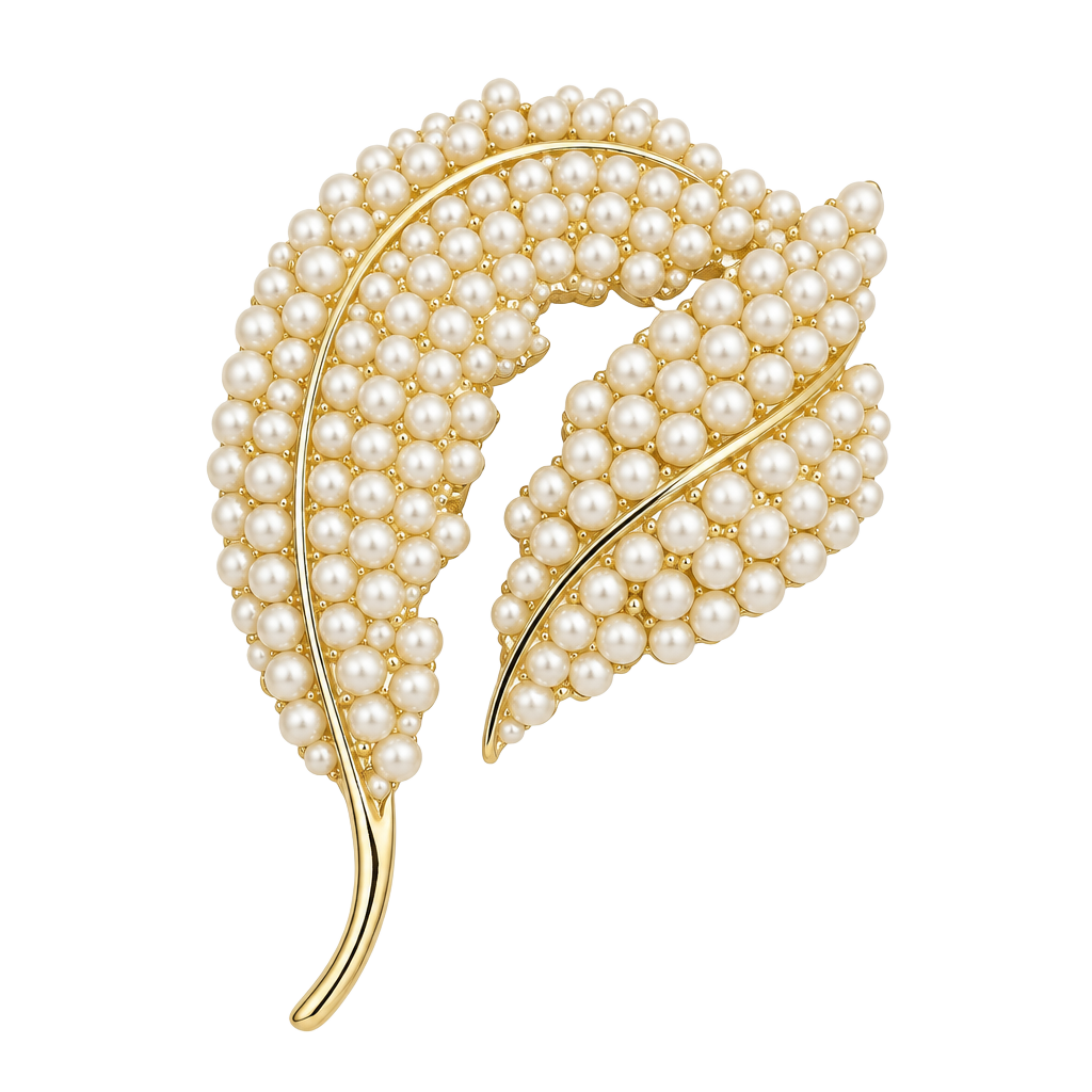 BSK Faux Pearl Leaf Brooch Gold Tone Pin 1