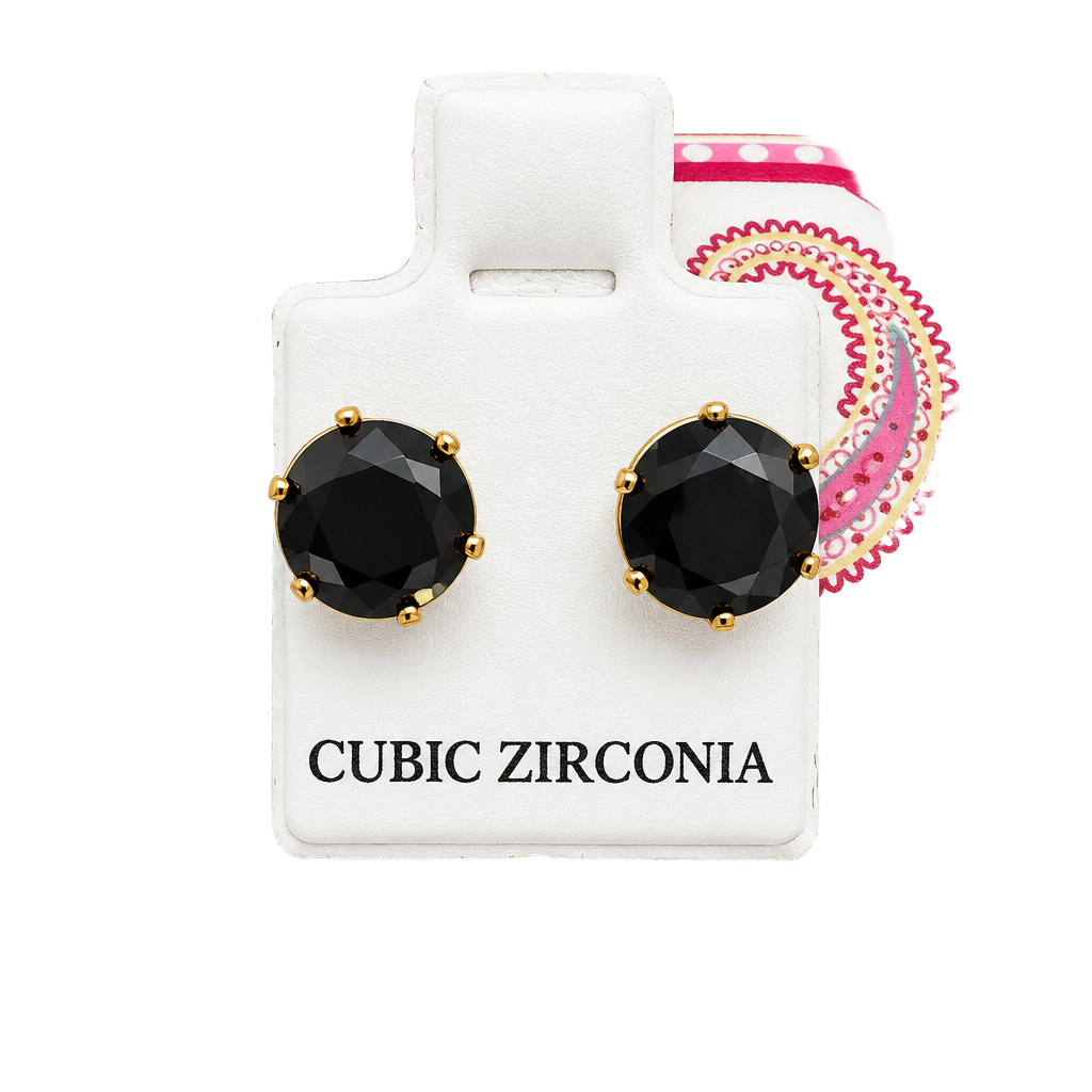 Cubic Zirconia Black CZ Gold Tone Round Prong Stud Earrings 1