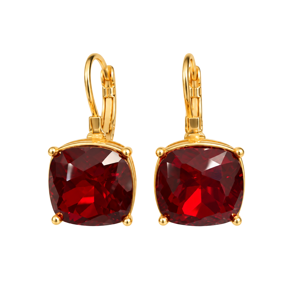 Unbranded Red Crystal Cushion Cut Leverback Earrings Gold Tone 1