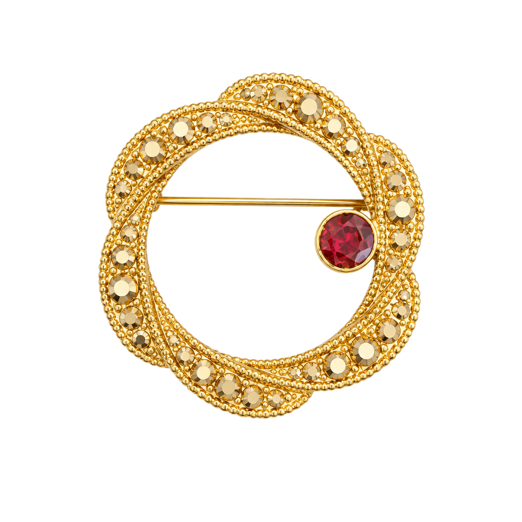 Vintage Gold Tone Circle Brooch With Red Stone 1