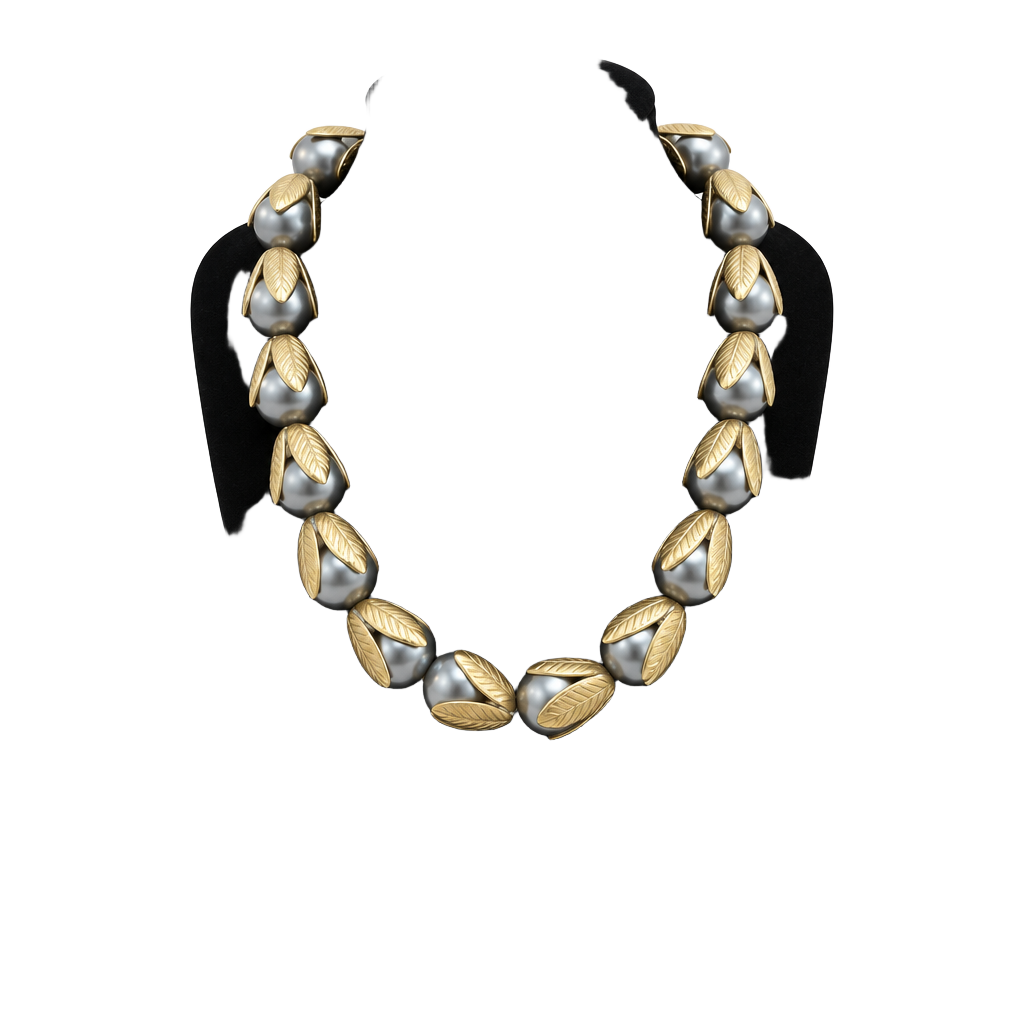 Lenora Dame Heavy Faux Pearl And Goldtone Leaf Necklace 1