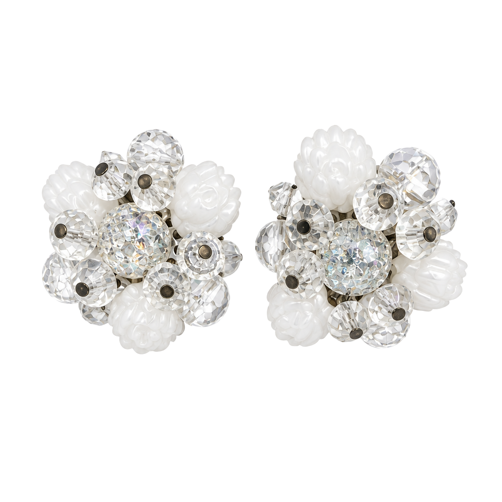 West Germany Crystal Cluster Clip Earrings White Glass Beads 1