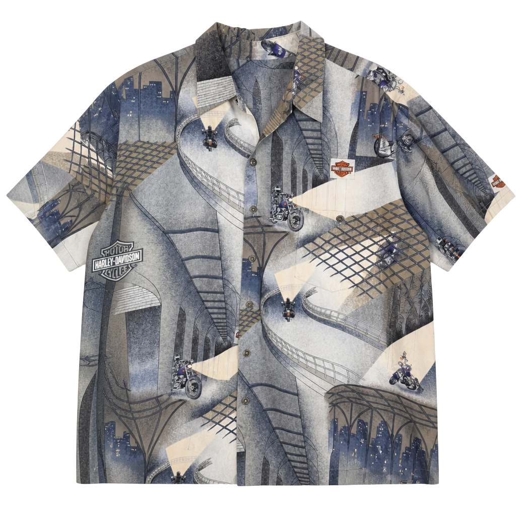 Vintage Harley-Davidson Metropolis MC Escher Style Motorcycle Print Rayon XL 1