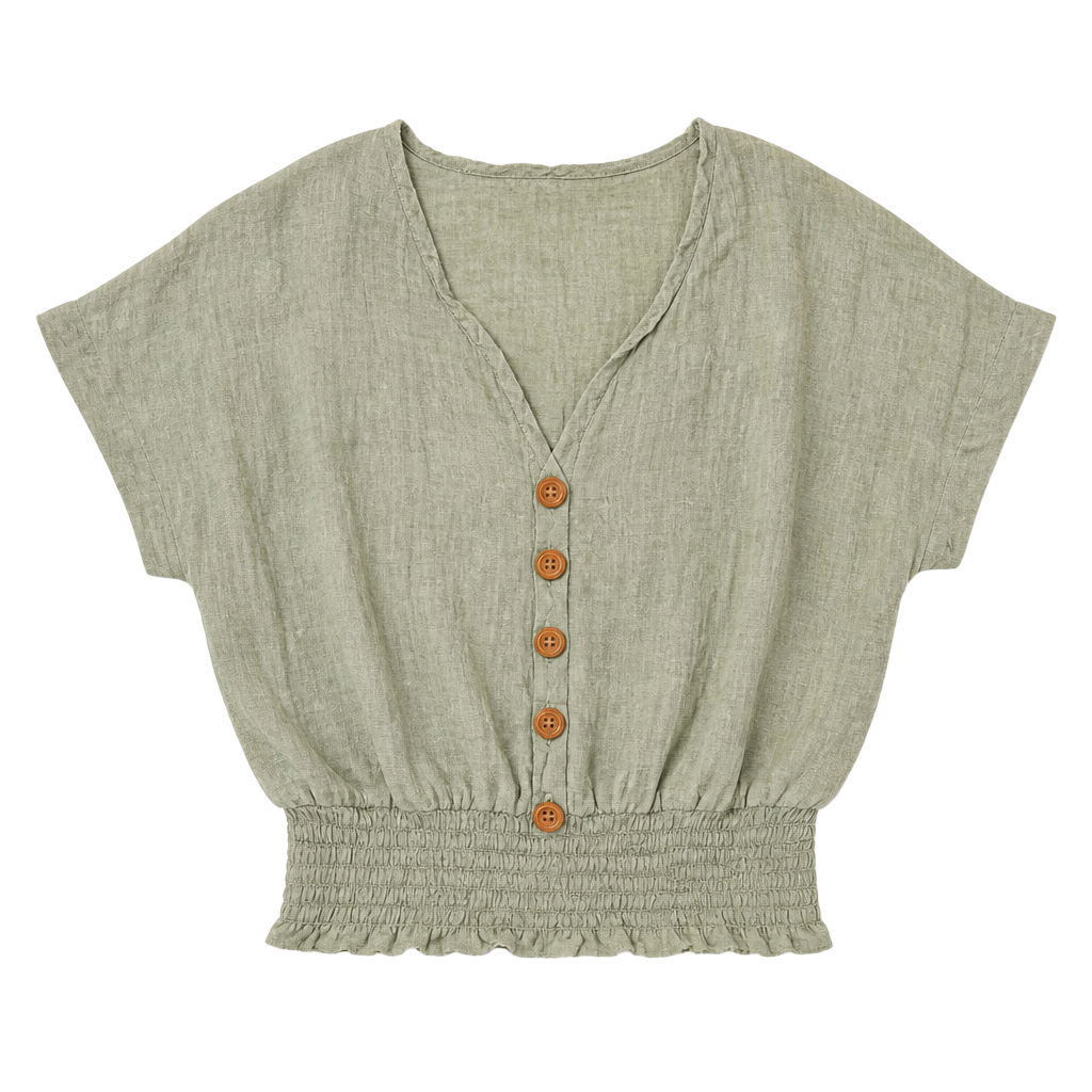 Purple Snow Sage Green Linen Crop Top Boho Smocked Waist Button Front Womens L 1