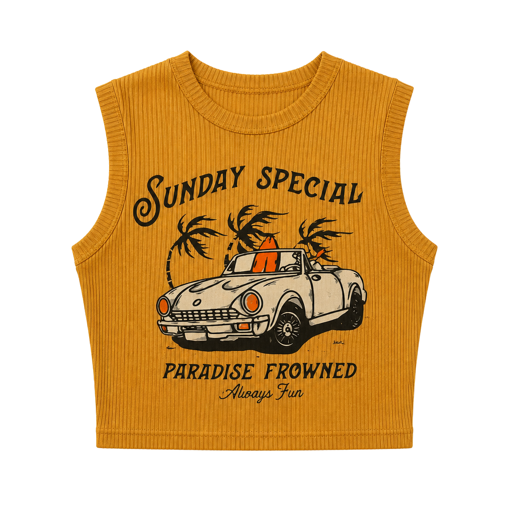 ROMWE Ribbed Crop Tank Top Sunday Special Graphic Car Beige Womens Small Y2K 1
