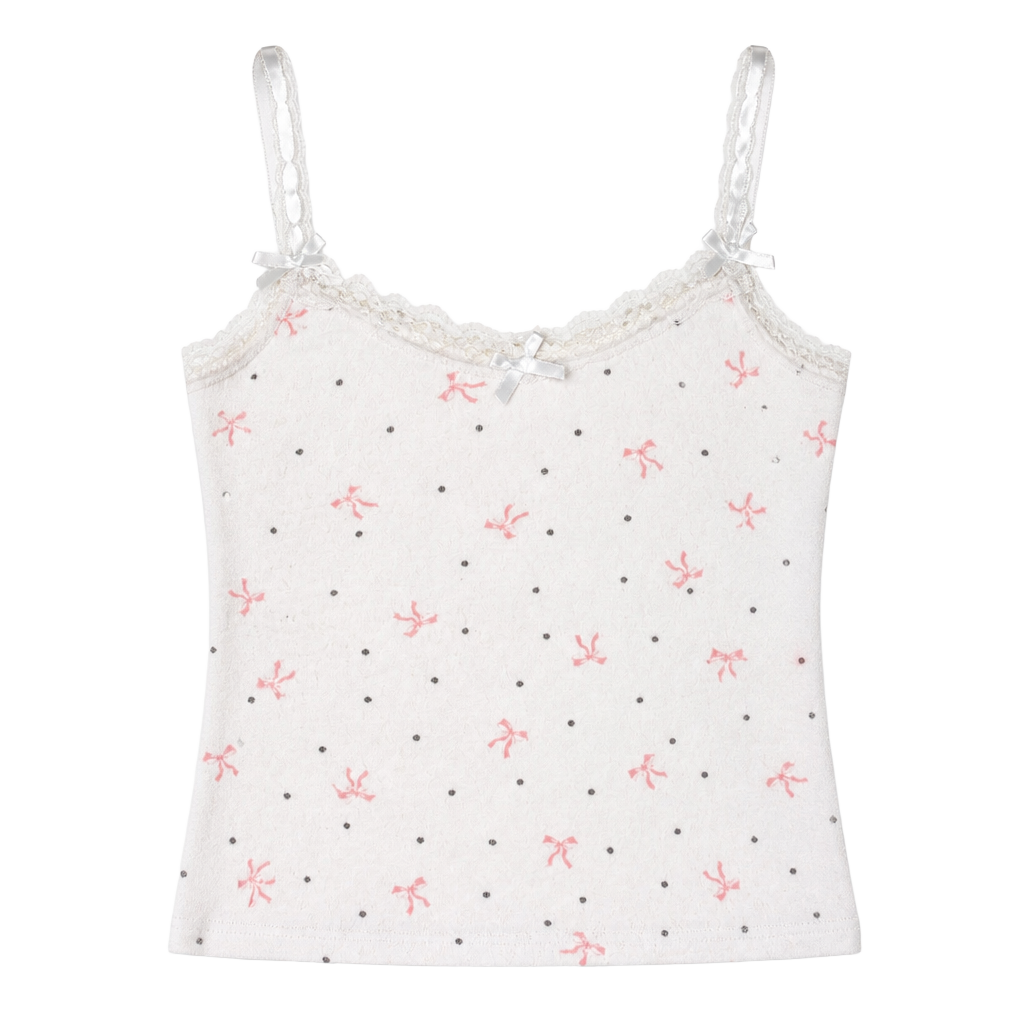 Just Polly Lace Trim Cami Small White Pink Bow Polka Dot Y2K Tank 1