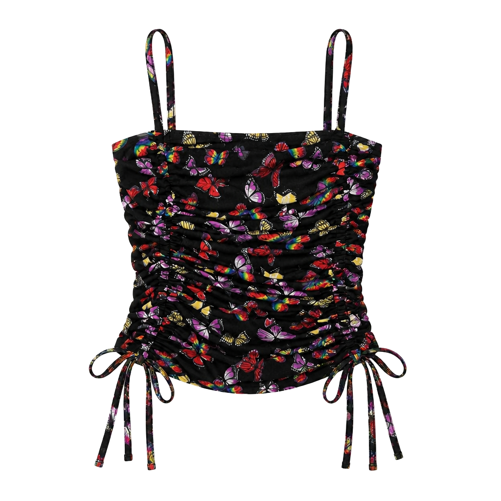No Boundaries Butterfly Ruched Tank Top Black Y2K Tie Side Women L 1
